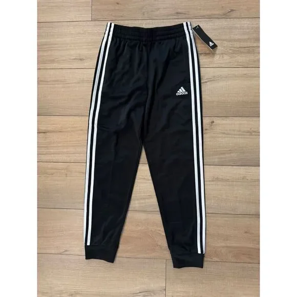 adidas Iconic Black 3 White Stripe 2 Pocket Jogger Pants Boys Medium 10 12 NWT - Picture 2 of 2